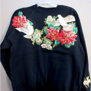 Sweatshirt Black with White Doves and Pointsettias XL size Vintage never worn